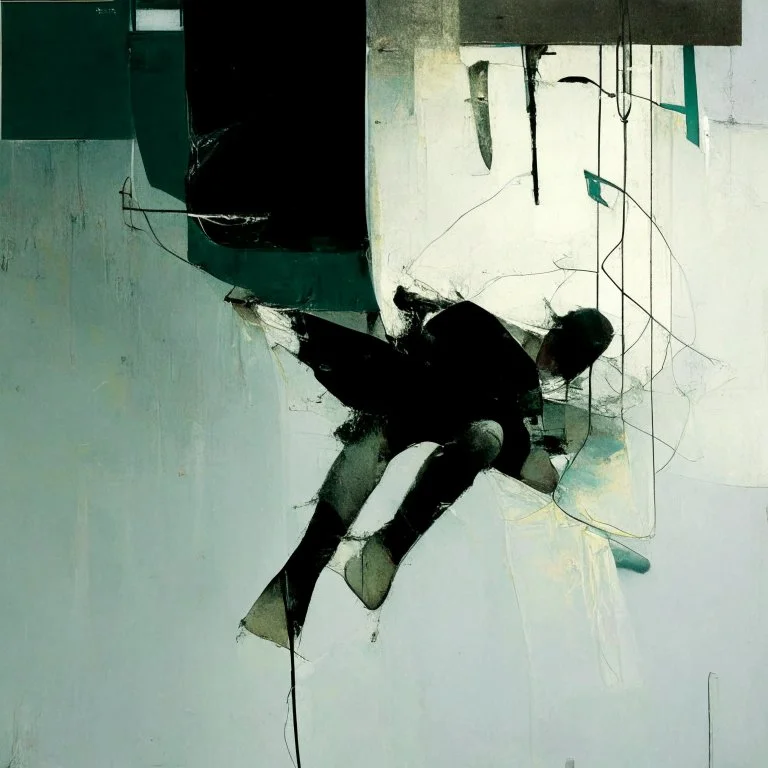 Minimal abstract oil paintings falling person limbs sinew and concrete fragments and hanging wires illuminated at night style of Justin Mortimer and Phil Hale and Ashley Wood