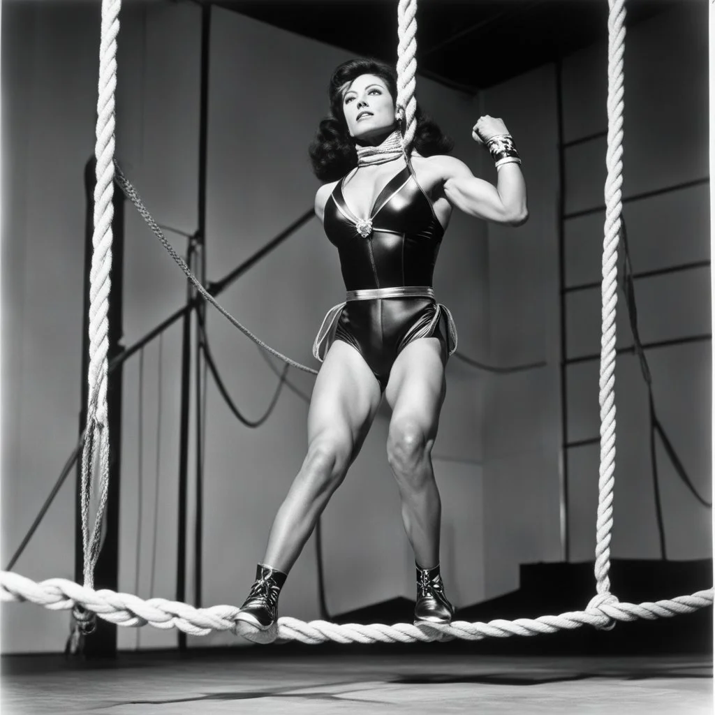 [high res photo by helmut newton] Oro wrestler Sherry Martel as a super heroine on the rope of the ring, ready to jump