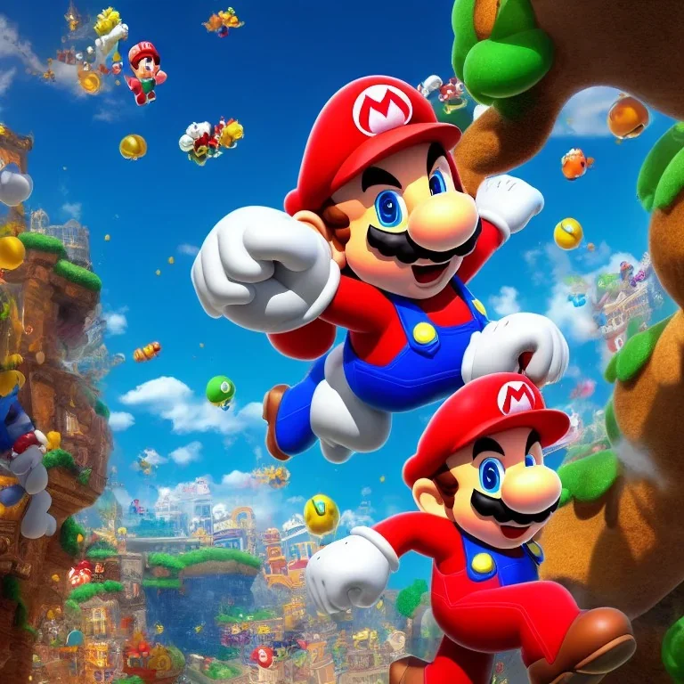 Super Mario, highly detailed, hyper-detailed, beautifully color-coded, insane details, intricate details, beautifully color graded, Cinematic, Color Grading, Editorial Photography, Depth of Field, DOF, Tilt Blur, White Balance, 32k, Super-Resolution, Megapixel, ProPhoto RGB, VR, Half rear Lighting, Backlight, non photorealistic rendering