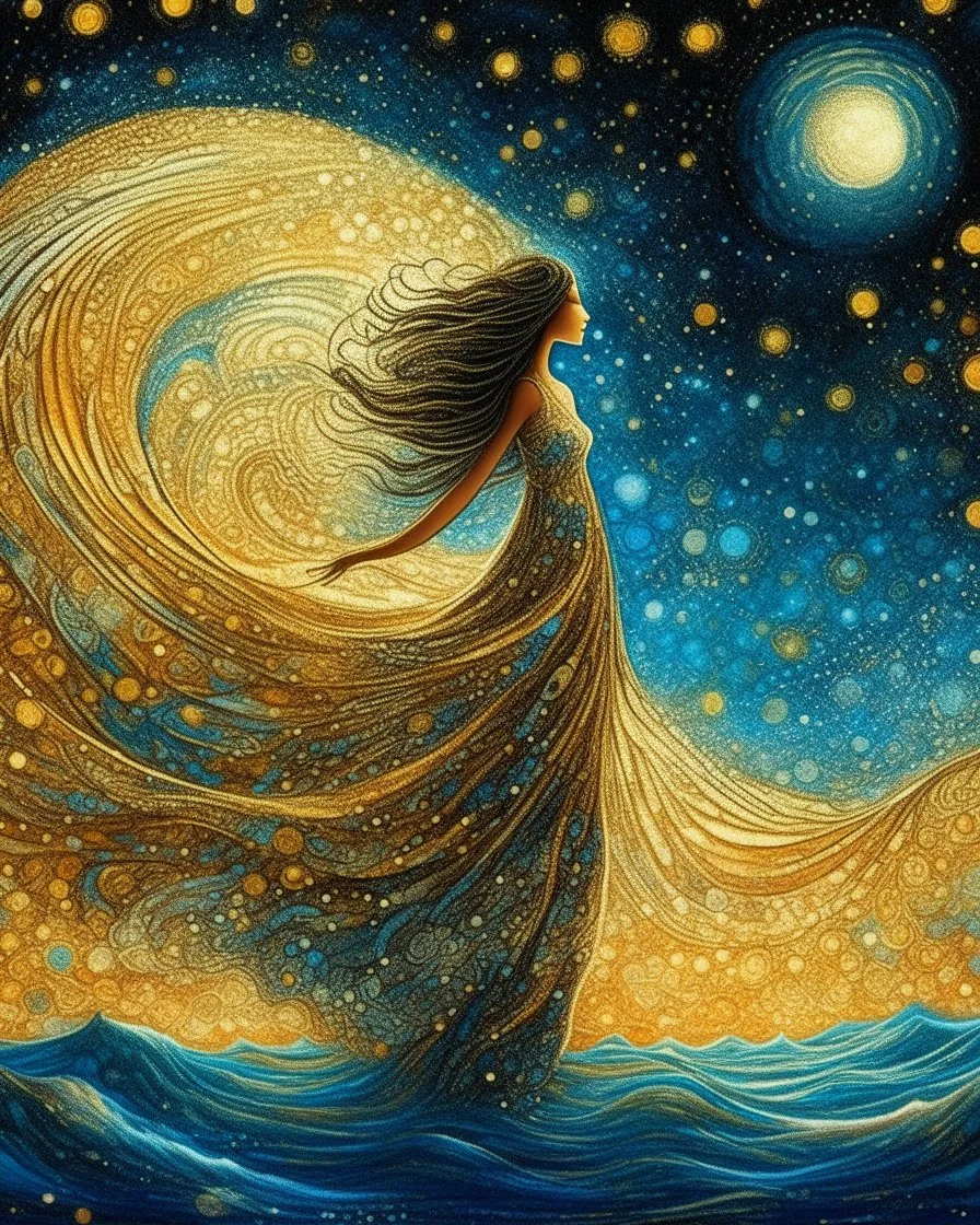 No corners drawing lines dots Kandinsky A full-body pretty African Asian moon goddess draped in flowing celestial fabric walks on water beneath a glowing full moon. Her gown unfurls like clouds, catching starlight and golden dust in the night air. The scene is surreal and divine, with painterly textures and a balance of shadow and illumination vertical Award winning imagery trompe l'oeil 3D surrealism masterpiece of Odilon Redon's dreamlike surrealism. kintsugi painting of abstract squares creat