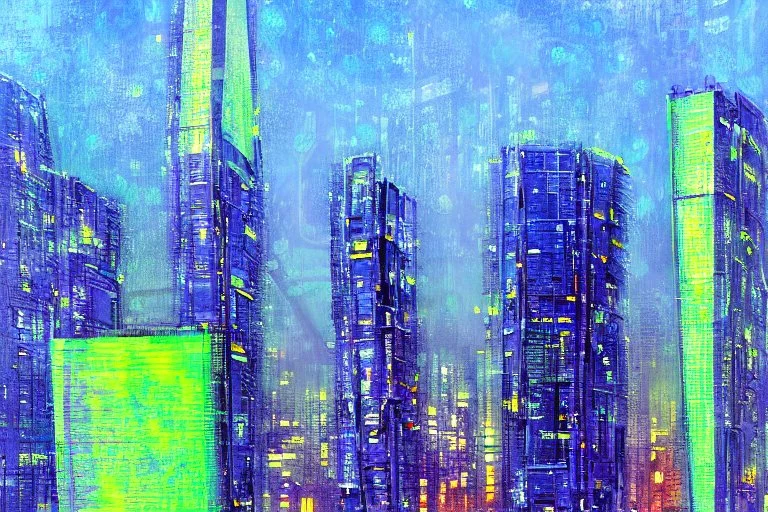 Futuristic buildings near tree zone, cyberpunk influence, impressionism painting