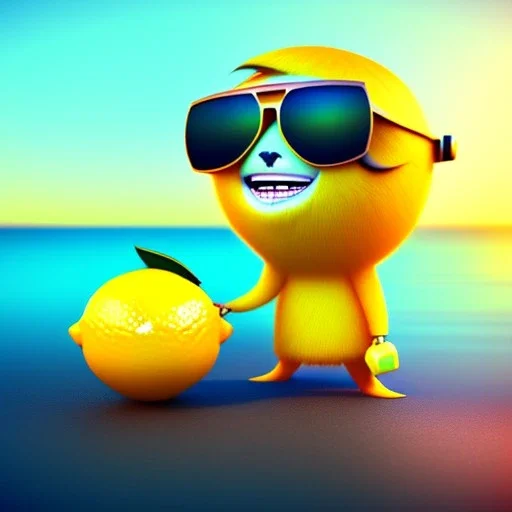 3d render, Chibi Lemon character with an accomplished look on his face, he is wearing green sunglasses relaxing on the beach at sunset