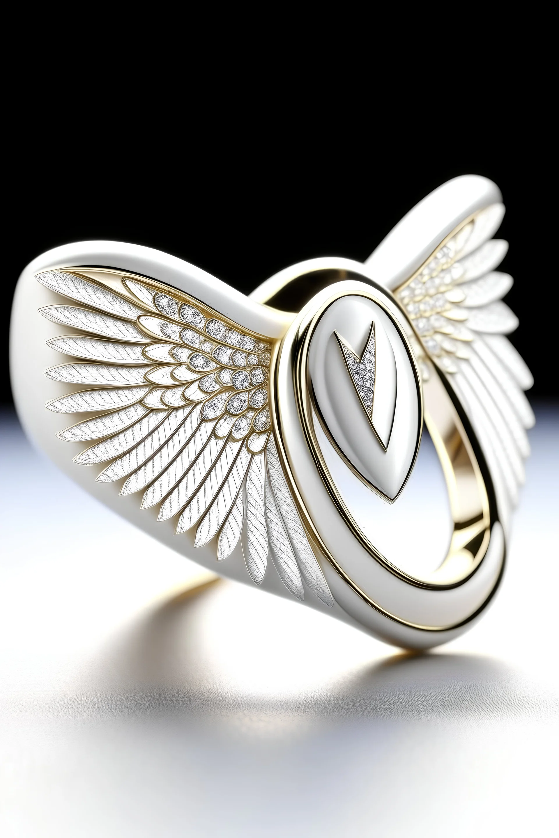 A white stone ring with angel wings .