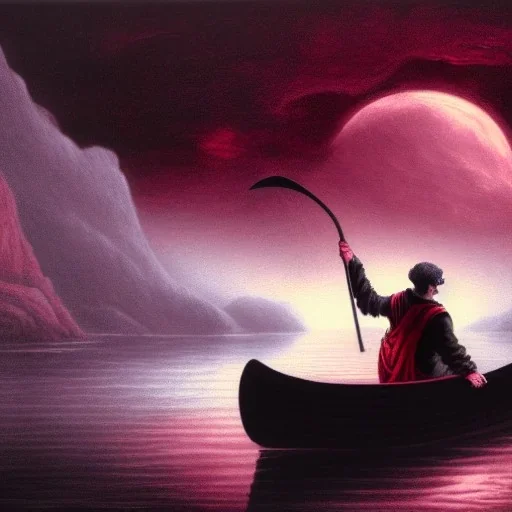 Charon in his boat on the river Styx, red black purple colours, 8k, high definition, fantasy art