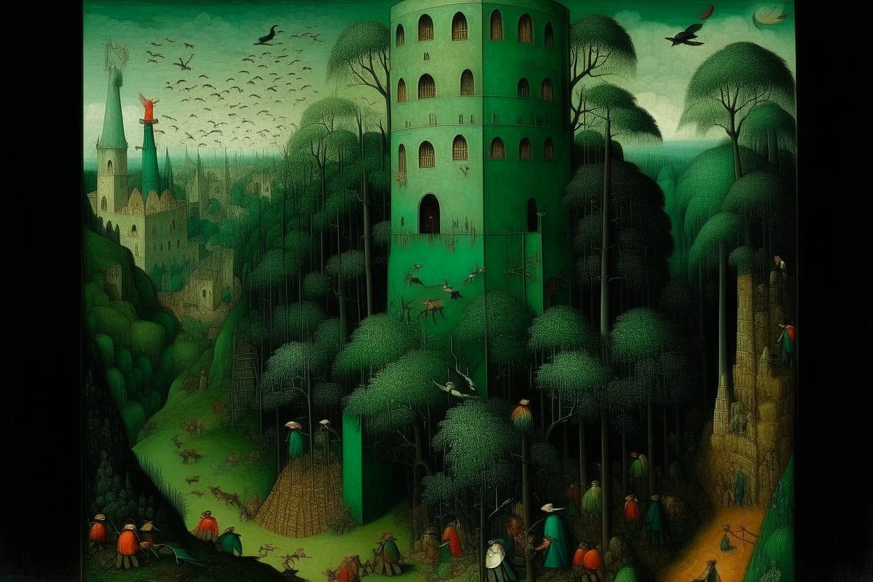 A bluish green tower in a toxic jungle painted by Pieter Bruegel the Elder