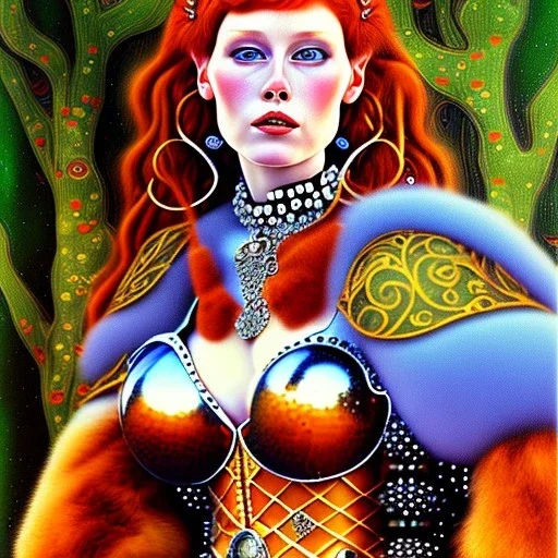 Retrato al oleo de cuerpo entero de Red Sonja bella a caballo al estilo de Gustav Klimt