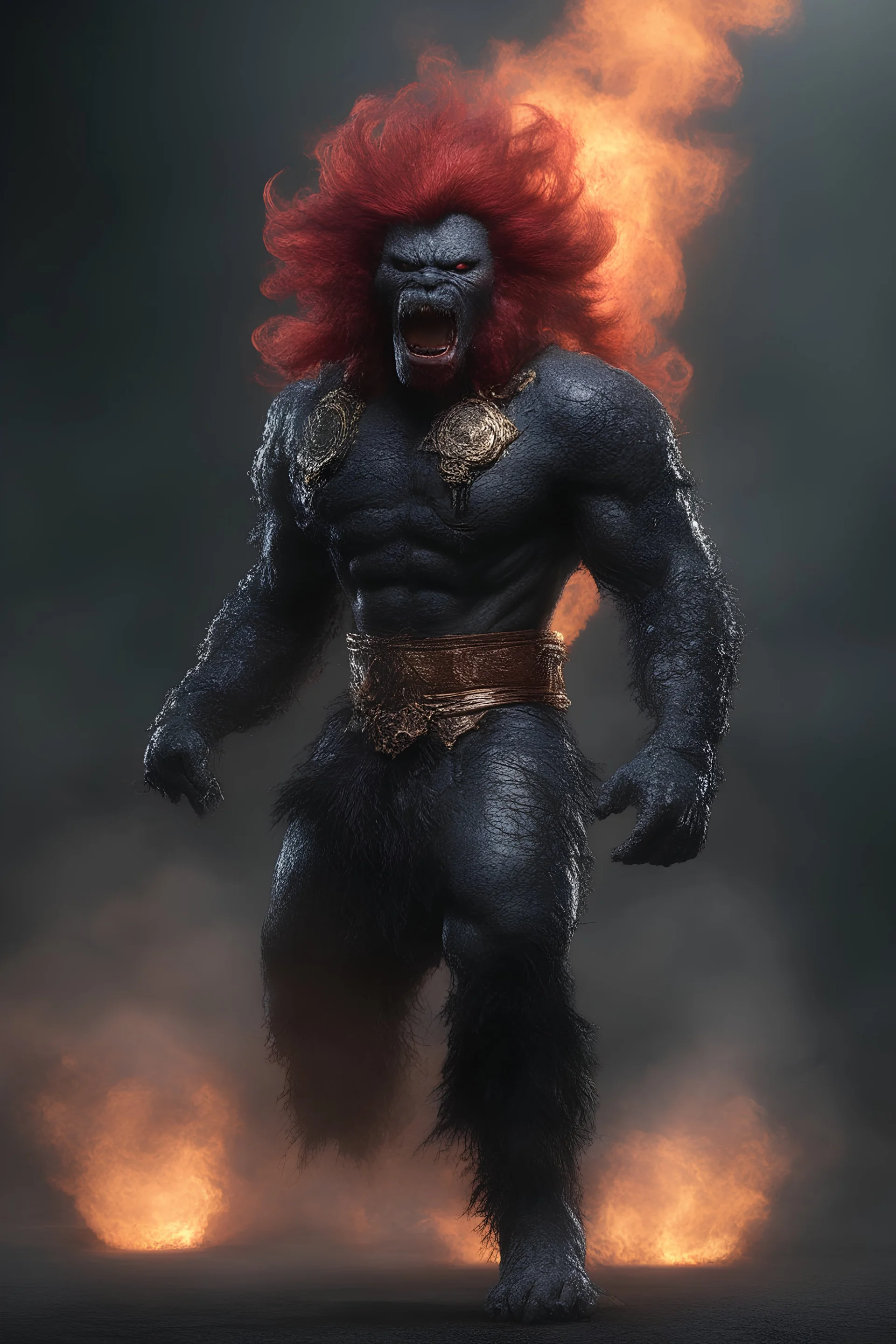 full body, head to toe, 3D, the anthropomorphic black Chinese Indian werewolf amoeba with Long wavy, curly (((red hair))) breathing fire, resembles Elvis Presley - full color - 32k, UHD, 1080p, 8 x 10, glossy professional quality digital photograph - dark foggy gradated background, historic, powerful, octane rendering, exquisite detail, 30 - megapixel, 4k, 85 - mm - lens, sharp - focus, intricately - ((skin details, high detailed skin texture