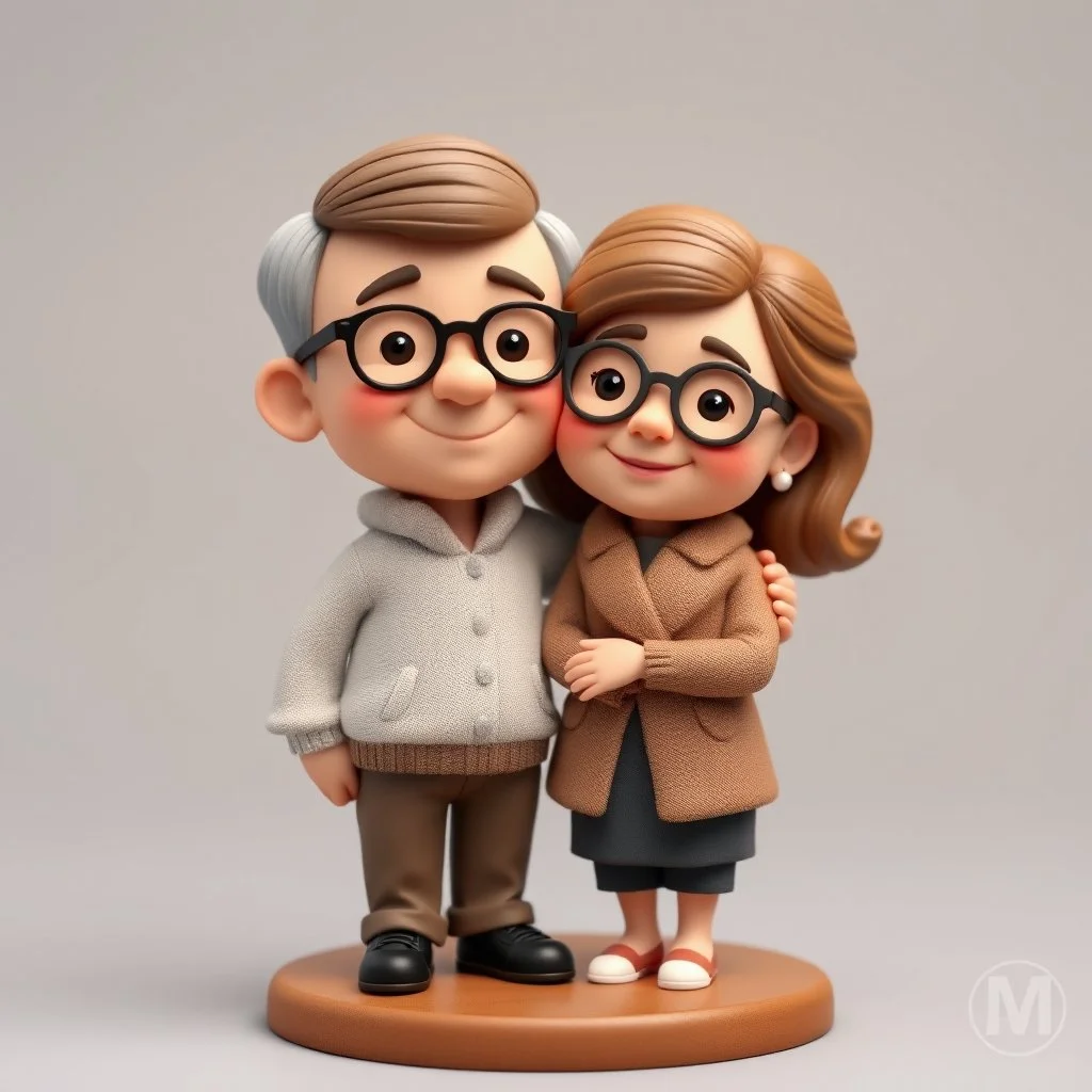 Create a cute premium 3D animated collectible figurine scene of the uploaded couple, using their photo only as the identity reference. Turn them into an adorable husband and wife standing close together on a small round display base. Preserve their recognizable age, facial features, hairstyle, glasses if present, skin tone, and warm loving expressions, but render them in a soft Pixar-style/clay-toy figurine look. The man stands on the left with a gentle smile, one arm lovingly around the woman's