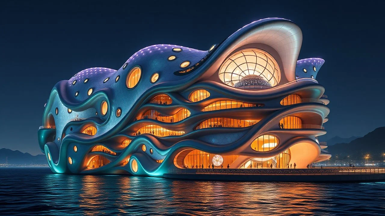 An enormous organic futuristic fantasy building at night, inspired by the fluidity of ocean waves, with undulating, curved walls made of shimmering, innovative semi-transparent opalescent materials. The happy building has large, curved, intriguing rounded windows, playful tentacles, curved balconies and suspended walkways. The building is adorned with jewels and surrounded by water, and there are mountains in the distance. Award-winning photograph, beautiful composition, joyful appearance