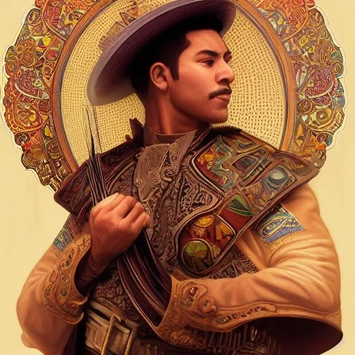 portrait,"Insanely detailed photograph of a mariachi warrior", intricate charo, sequenced Sombrero,handsome, detailed D20 flair, digital painting, artstation, concept art, smooth, sharp focus, illustration, art by artgerm and greg rutkowski and alphonse mucha, 8 k