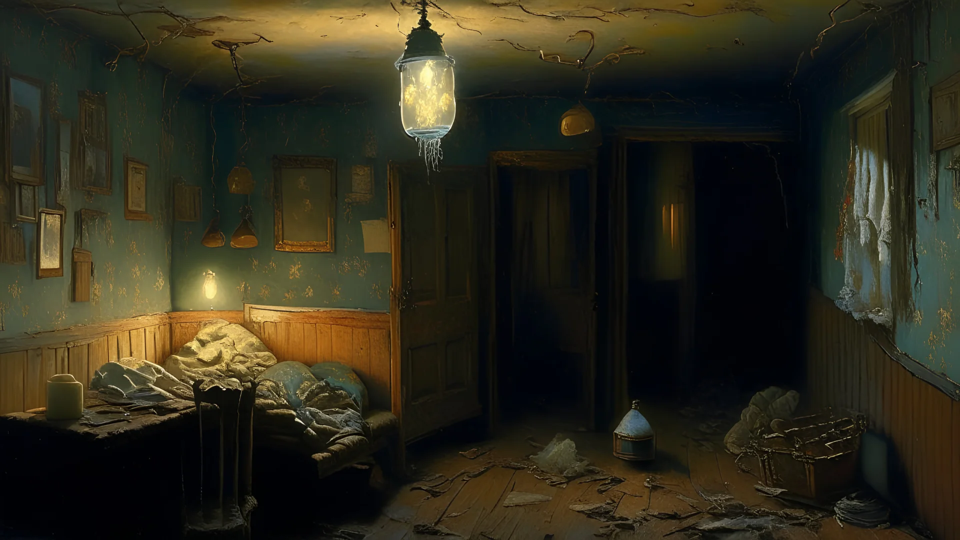 An oil painting depicting the dimly lit interior of a seedy boarding house, with intricate details of peeling wallpaper and worn out furniture., You haven't lived until you've been in a seedy boarding house with nothing but a light bulb and 56 men crammed into cots