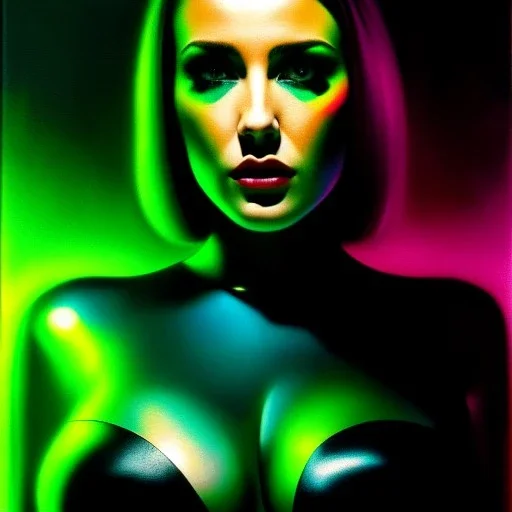 portrait oil on canvas, beautiful punk busty female Cyborg, looking to viewer, sad green eyes, post-apocalyptic in a cyberpunk city,minimal skintight suit, blade runner, comic book cover, mystical colors, neon, insanely detailed,realistic,intrincate detail, 16k resolution, masterpiece, Adam hughes