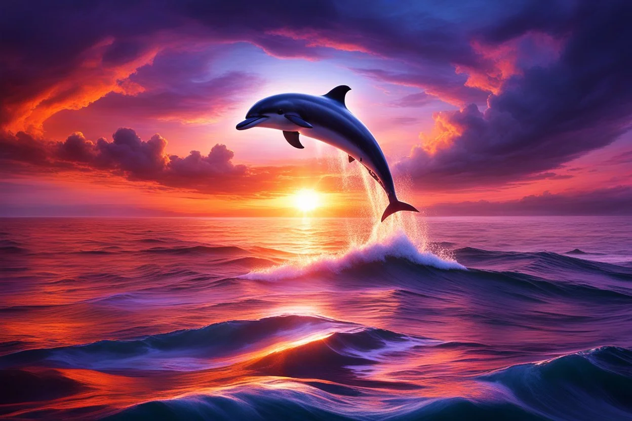 In a remote corner of the ocean, the sun bows its exit, draping the sky in a spectacular cloak of vibrant oranges, purples, and pinks. These hues kiss the sea, setting it ablaze with color, each wave reflecting the heavens' fiery palette. Amidst this tranquil seascape, a dolphin emerges, an embodiment of grace and exuberance. The setting sun anoints its leaping form with a shimmering veneer, accentuating the blue-grey tones of its skin against the water's canvas.