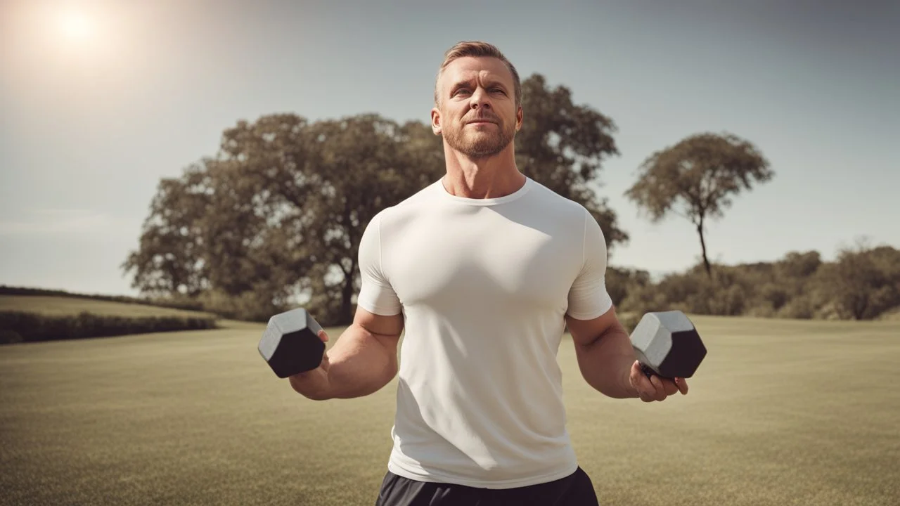 الصورة تُظهِر رجل يقوم بممارسة التمارين الرياضية في الهواء الطلق، حيث يرتدي ملابس رياضية ويمسك بالأوزان. تعكس الصورة التحفيز والتفاني في تحقيق نمط حياة صحي ومتوازن من خلال ممارسة النشاط البدني. تُجسِّد هذه الصورة أهمية الحفاظ على الوزن المثالي وتوجيه الجهود نحو الوقاية من السمنة والسرطان من خلال النشاط البدني اليومي.