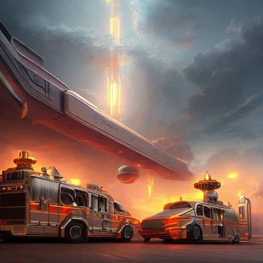 Futuristic cyberspace sci-fi steampunk art deco fire trucks, highly detailed light golden hour trending on Artstation highly detailed 8k photorealistic ultra detailed hdr , by greg rutkowski and thomas kinkade