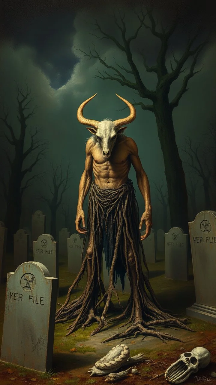 Bosch painting style nightmare, a man with legs looks like tree roots , and head looks like camel head, in a graveyard , dramatic sad scene, fantasy,