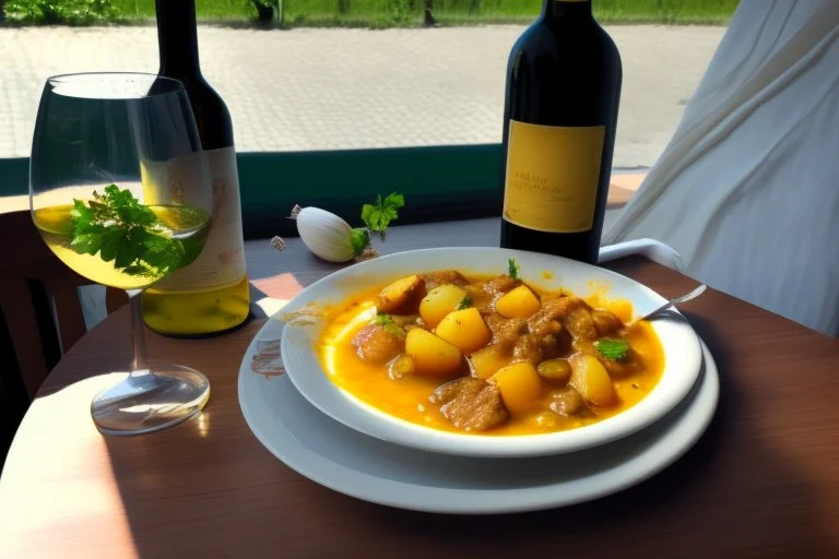 a good garlic Brasov stew with potatoes and a glass of chilled wine in a hospital room in sunshine