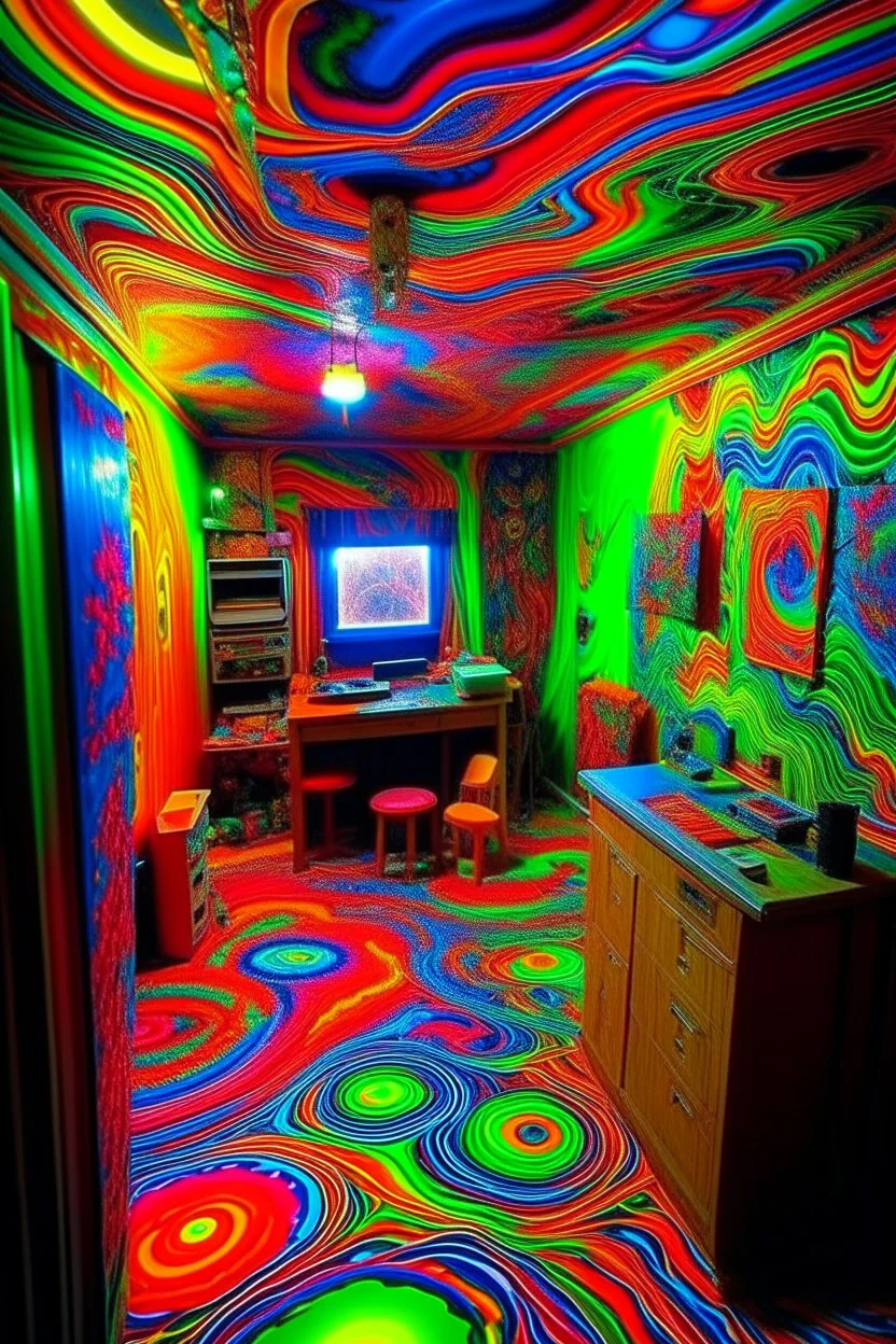 in a room on a psycodelic acid trip heading out of the 5th dimension into space time where all material is warping seeing strange every day household items melting with the speed of light