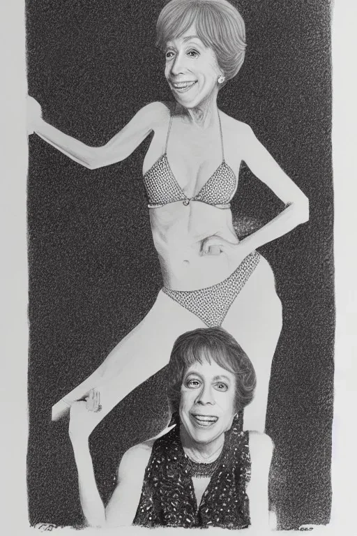 Carol Burnett bobblehead doll in an undersized bikini breaking the space-time continuum photorealistic silver ink drawing on gold paper