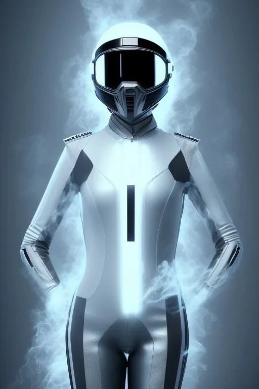 All Black racing suit AnnaSophia Robb, portrait, ghost mask, wearing high tech racing helmet, white smoke, dark, rage, sorrow, high definition, ultra 8 k, volumetric lighting, blue fire, fog