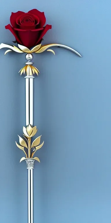 A long silver and Gold spear weapon with a rose at the handle and thorns up the poll, realistic, fantasy,