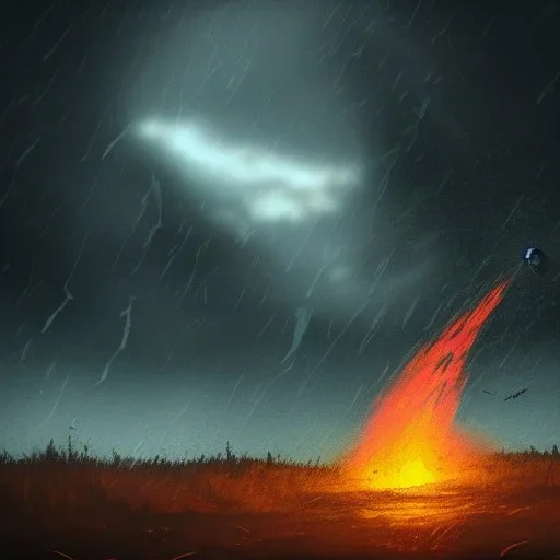 doom scenary. Heavy rain. Epic Lighting in the sky. Knight with magic scroll. Falling meteorite from the sky. Meteorite burning in the distance. Dark mud.