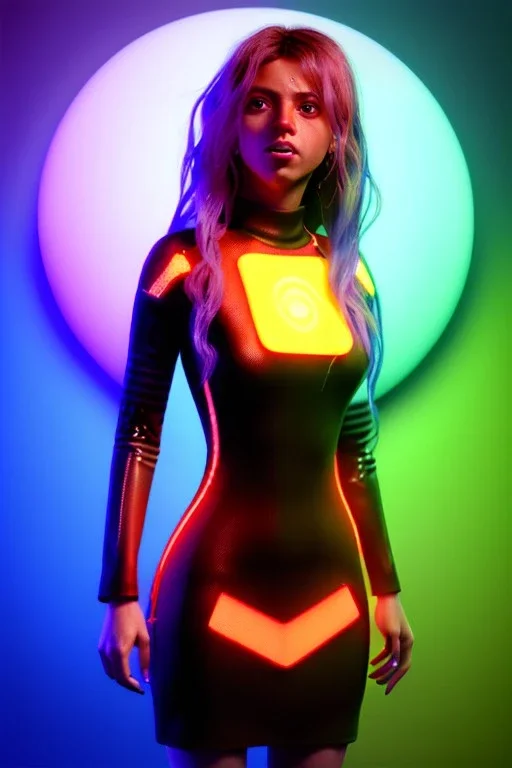 Cyber Shakira, artist, 30 years old, Realistic image, waist up portrait, latex style dress. loose long hair, eyes make up, perfect, glow, circle iris. Neon colors, leds, geometric shapes. Dark background, photo studio, neon lights. Cyberpunk, concept art, smooth, unreal engine 5, god lights, ray tracing, RTX, lumen lighting, ultra detail, volumetric lighting, 3d, finely drawn, high definition, 4k.