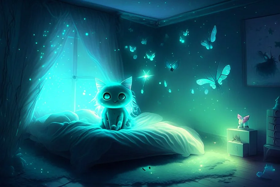 bioluminescent chibi cat fairy in a bedroom in starshine, mist