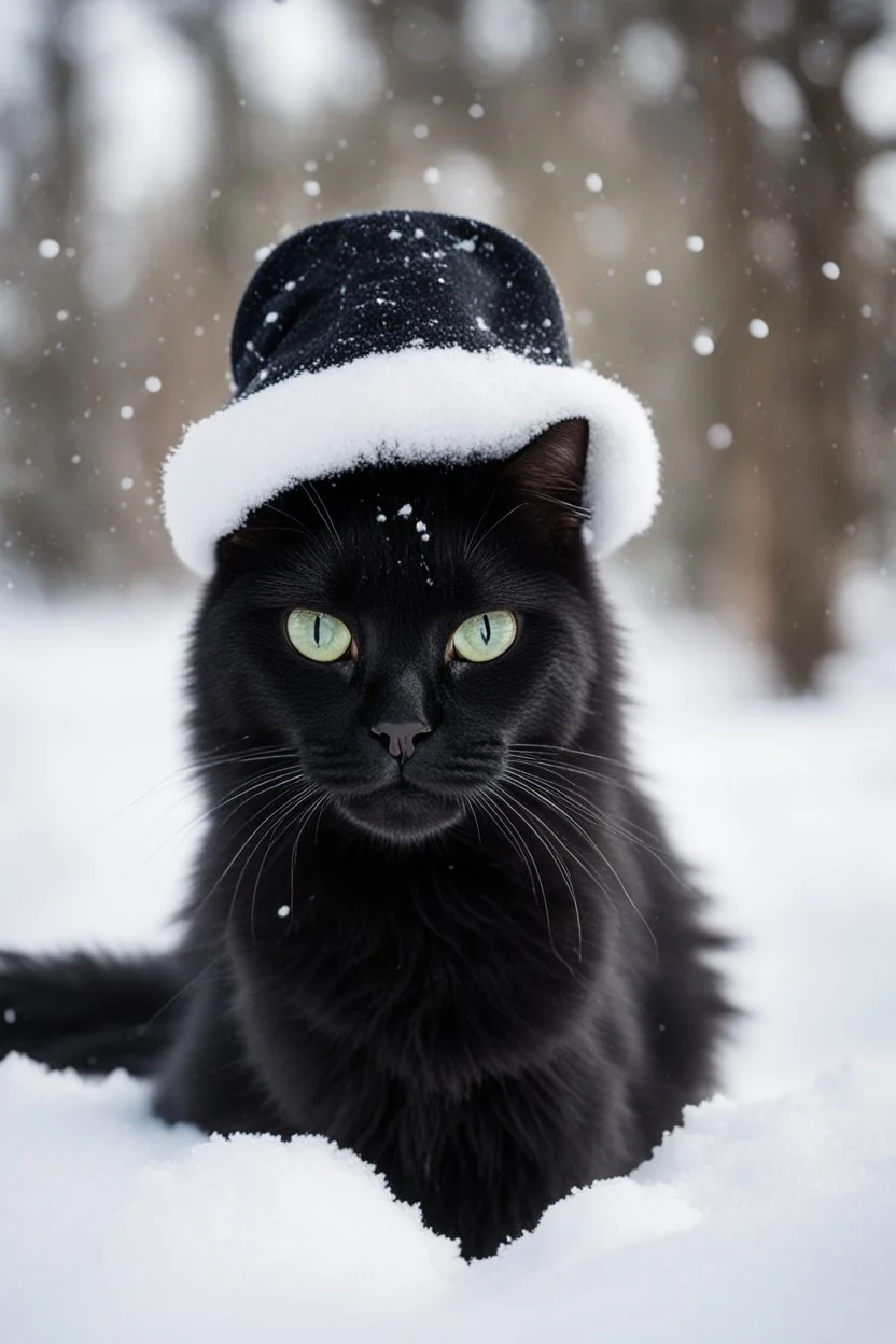 eine schwarze katze im schnee mit einem hut auf dem kopf