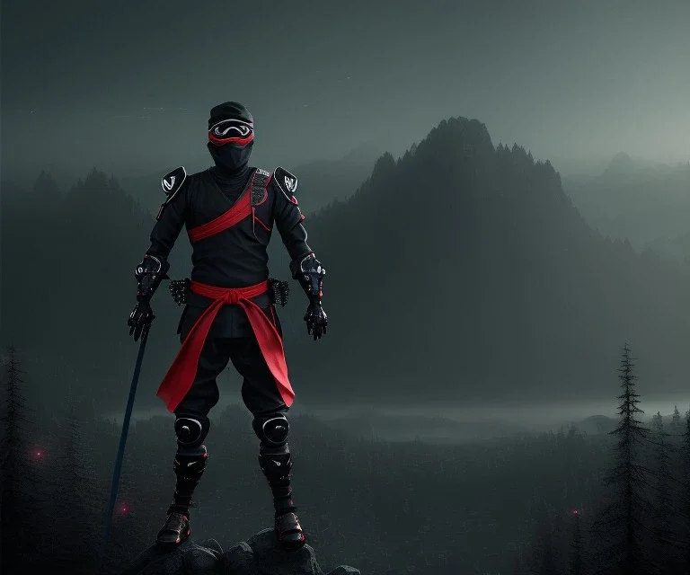 Ninja portrait, black suit, in the night Alps, angels background, volumetric red light, high detail, dark leaf tree, dark mountains in background, perfect, HR Giger style, holding sword