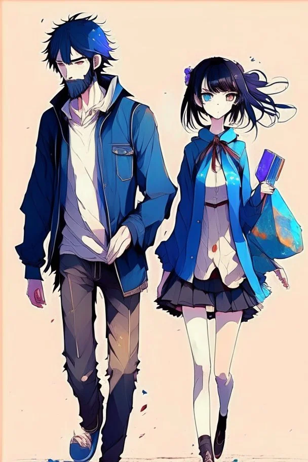 anime couple, walking , colorful, man with salt and pepper beard and woman with dark hair and blue eyes