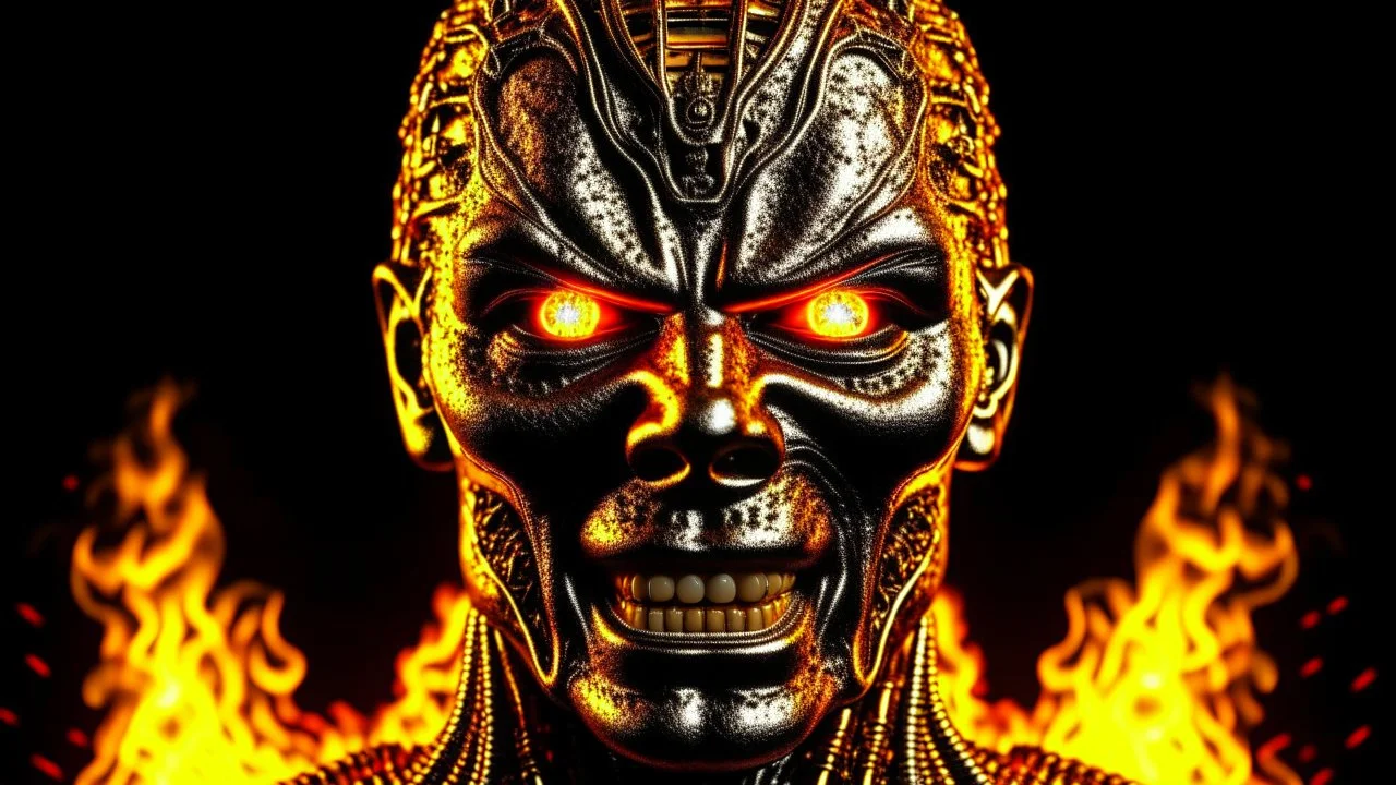 4K, ultra detail, ombres et reflets maximum, full realism portrait terminator iron maiden logo full face flames4K, ultra detail, full realism portrait terminator studio de radio logo full face firestarter in the background