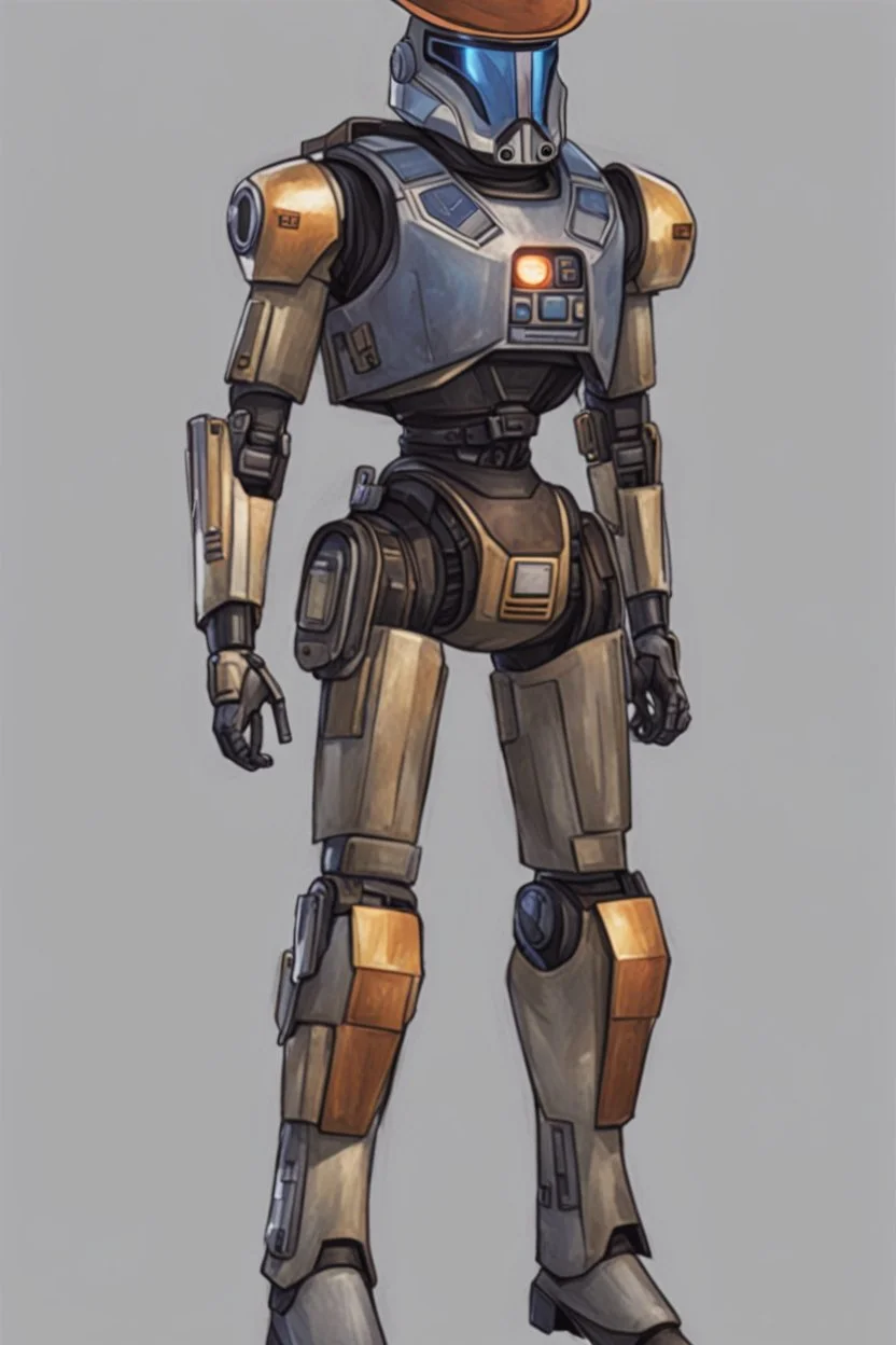 A Star Wars Combat Droid, Wearing Cowboy Clothes, Armor looks similar to Halo, Wearing a cowboy hat.