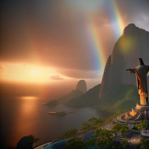 Christ the Redeemer, sunset, rainbow sunset, waterfall, palms, twigs, spring, sunset rainbow, bridge flying birds, unreal engine 5, cinematic lighting, realistic, hyper detailed, 8k, octane render, cinema 4d