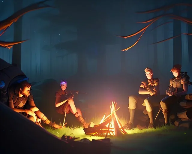 Adventurers resting around a campfire with a cooking pot in a forest clearing at night, starry sky, dark fantasy, high detail, high definition, big adventuring bags, misty