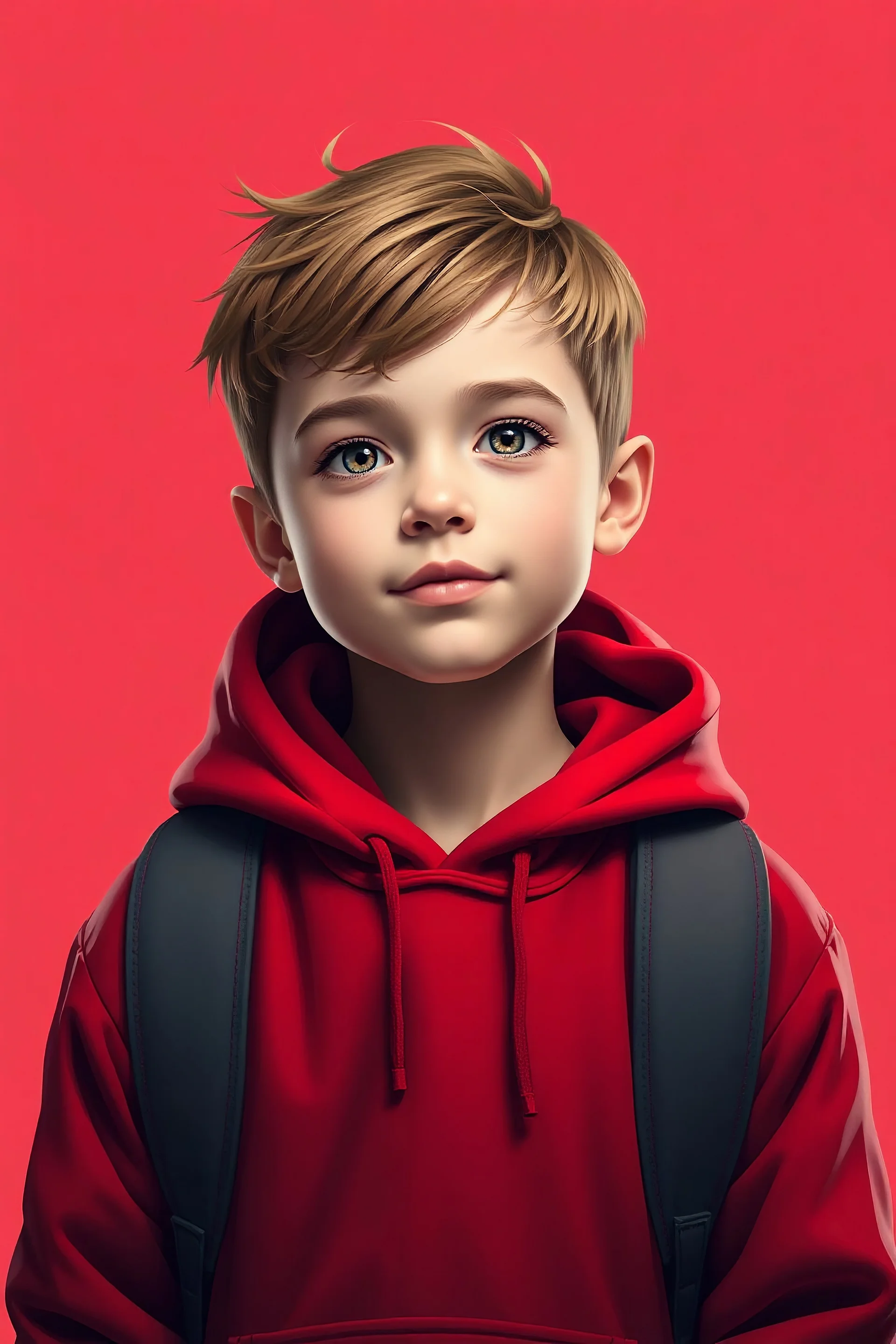 brown hair boy with red hoodie and light red background