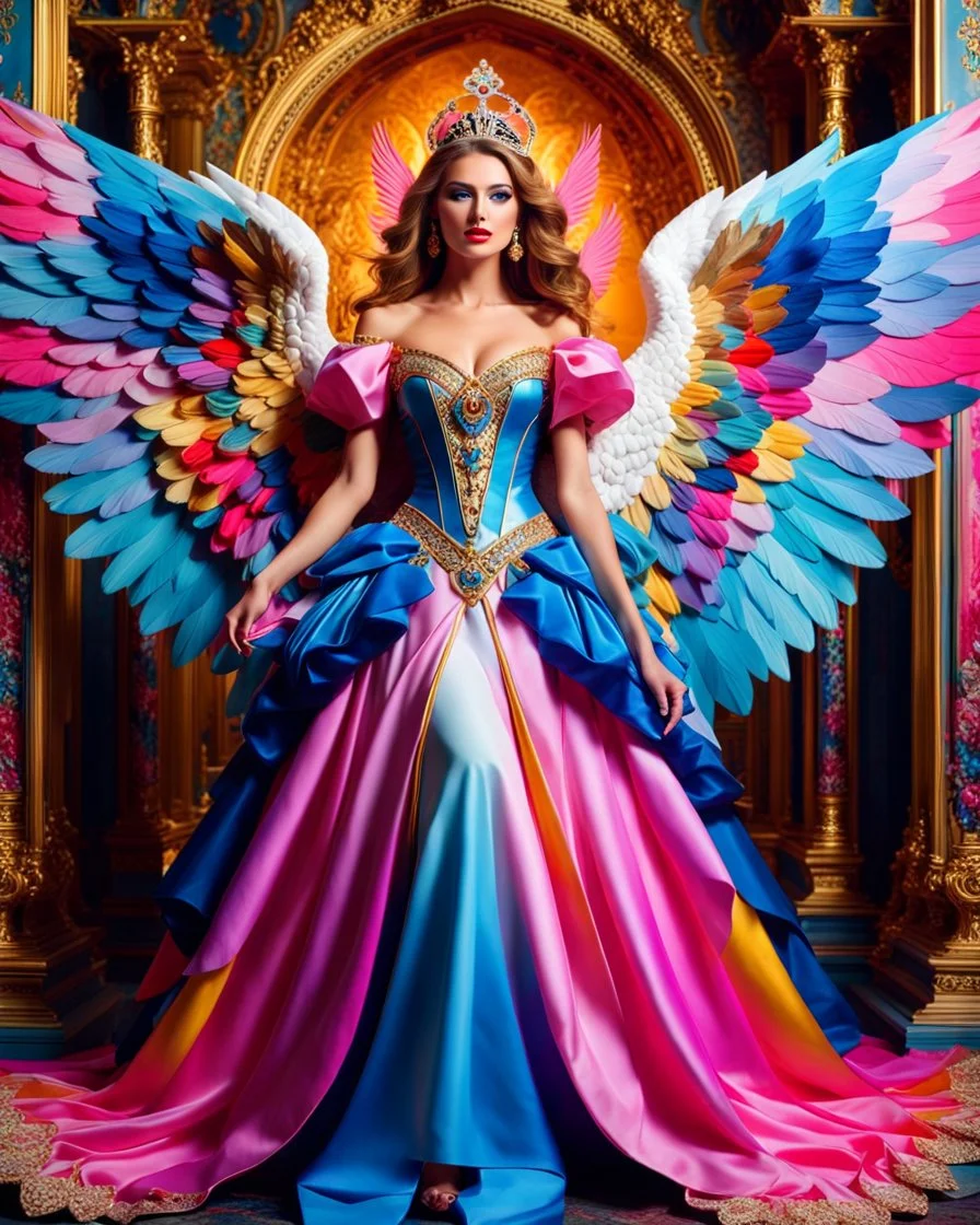 Realistic photography HD full body Beautiful super model European dressing princess Lady Angel colorful art conceptual, amazing artwork, hyper detailed, ultra maximalist quality, 12k, close-up portrait