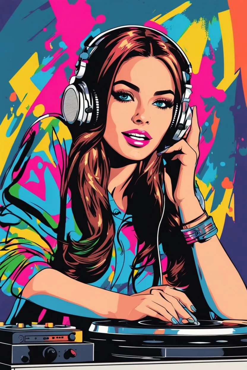 Pop art painting super model pretty girl with headphones playing music on a turntable, dj rave party disco club