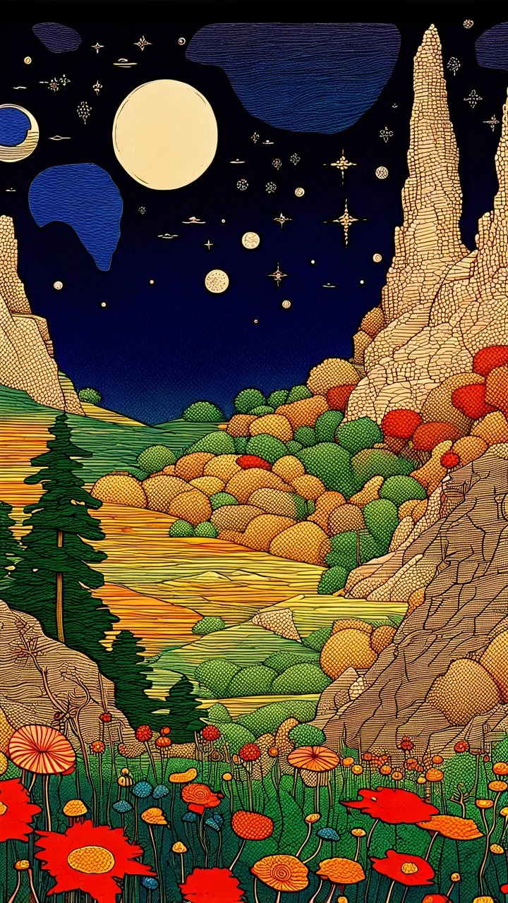 Many colors, peaceful, Egon Schiele, Max Ernst, night sky filled with galaxies and stars, rock formations, trees, flowers, one-line drawing, sharp focus, 8k, deep 3d field, intricate, ornate, one million strokes
