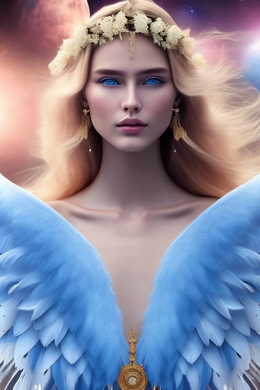 Flower, angel man, (detailed face )++, (detailed blue eyes)++ (long blond hair)++(pectoro visible)++(smile)++, , (two feathered wings on his shoulder blades)++, beautiful place, incredible, cosmic, colours, planet, gold, realistic, real photo, stars at night, detailed, high contrast, 8k high definition, unreal engine 5, extremely sharp details, (lighting effect, light background)++.