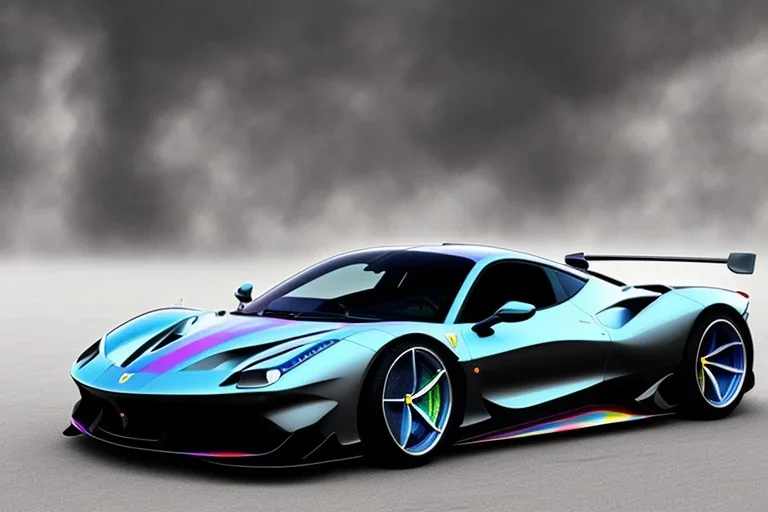 a true-to-life 2023 clear deep shiny chromatic rainbow colors Ferrari 488 speciale La Ferrari, 2-door, wide-body, pandem, rocket bunny, mopar, carbon fibre, drift car, classic hotrod wheels and rims, ultra realistic, professional artwork, concept art, dark background, extreme detailed, 8k, sharp focus, centered camera, pivot on dodge, art