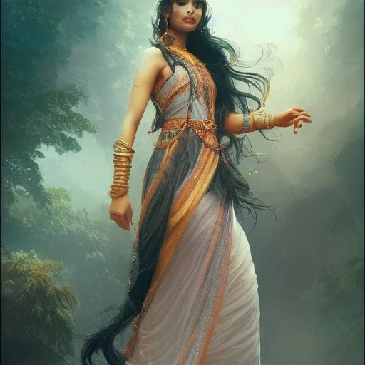  Indian mystical girl , cute, beautiful, long hair, cinematic, 8k, resolution concept art portrait by Greg Rutkowski, Artgerm, WLOP, Alphonse Mucha dynamic lighting hyperdetailed intricately detailed