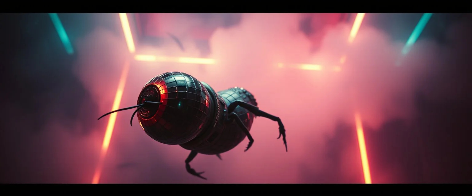 "Boy, you were weird when you crawled from your egg, You had disco balls growing out of your leg!" Epic cinematic wide-angle camera swoops down, hazy neon background with gritty border