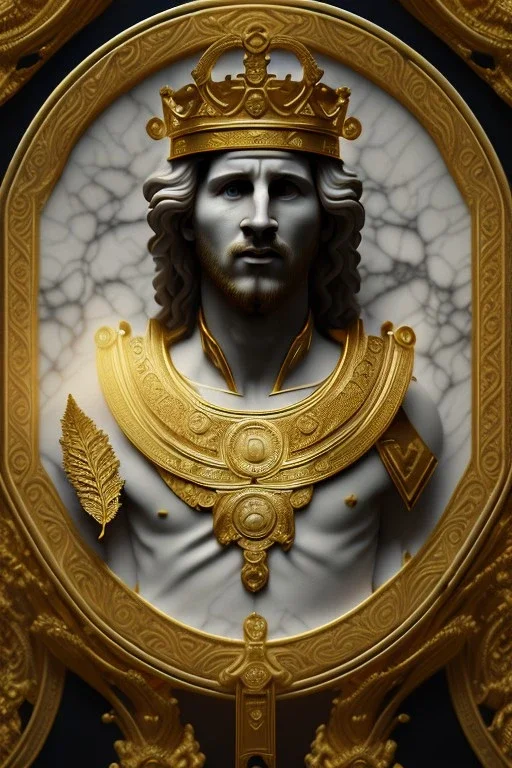 Ultra Realistic image, classical renaissance sculpture, white marble material, Lionel Messi, emperor style, gold Laurel leaves crown, chisel style, waist up portrait, epic, celestial, cinematic lighting, God light, god rays, 4k resolution, smooth details, ornate details, soft lighting, unreal engine 5, sky background.