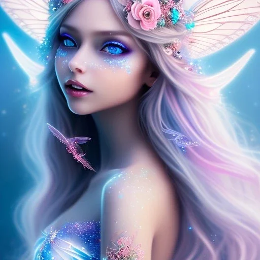 beautiful, soft, big smile face, whole head, long straight blonde hair blues eyes, crown on the head, clothing in transparent bluish and pink veil,fairy wings on the back, background brillante bluish and pink, hight definition, 8K