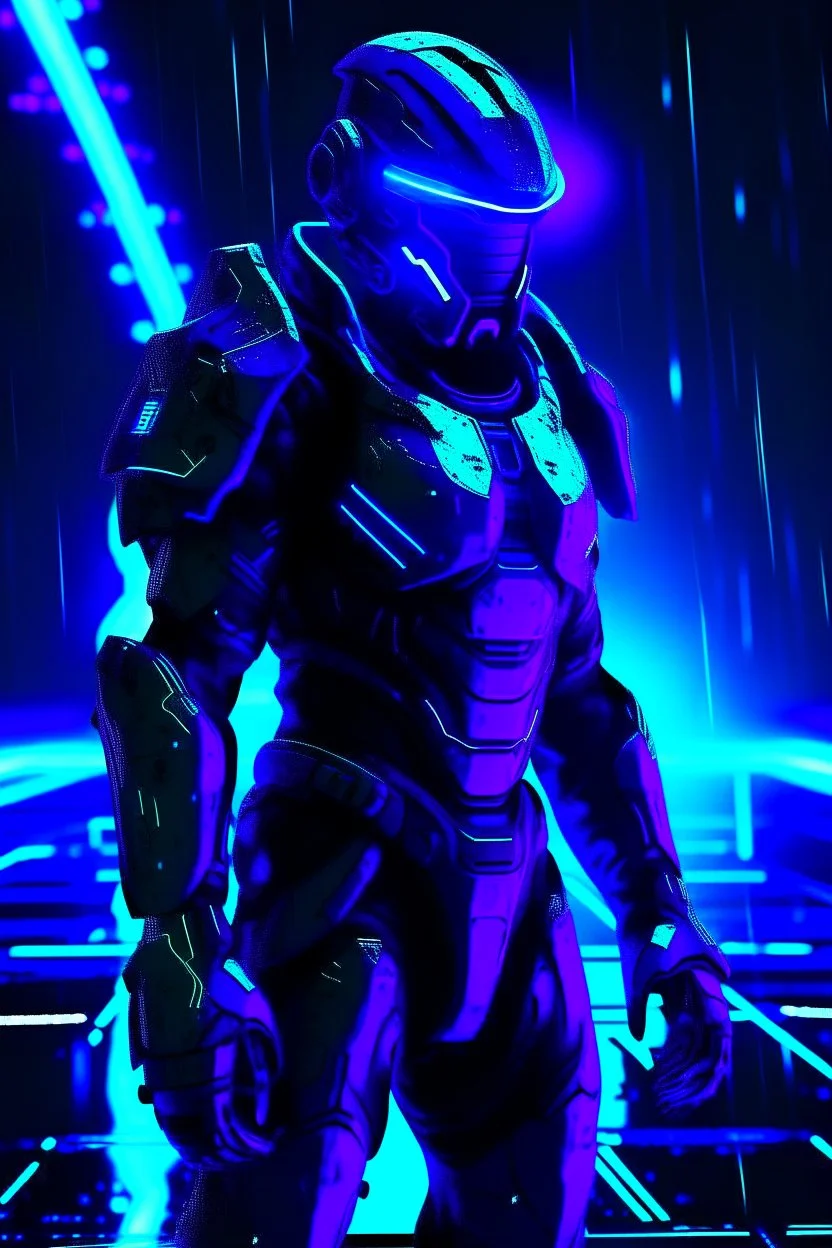 cyberpunk, neon blue, high technology, geometric figures, orbiting figures, cyberpunk suit, black and blue, epic, rain, neon blue suit, geometric figures orbiting around suit, exosuit, male