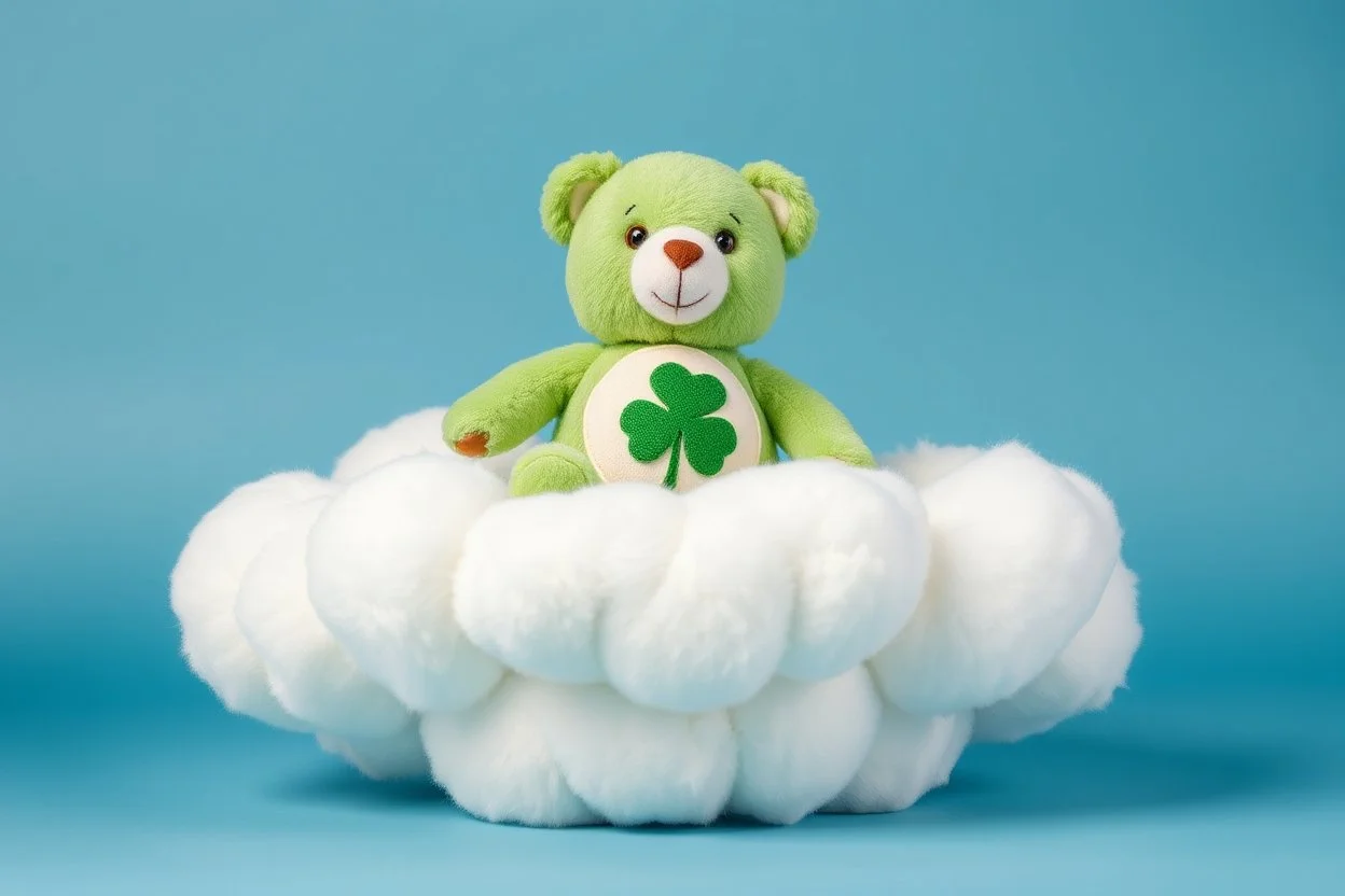 overstuffed white plushie stuffed toy clouds, a vintage good-luck-bear(care bear, Green) plush with tummy symbol(4 leaf clover) sitting on top of the cloud, blue background