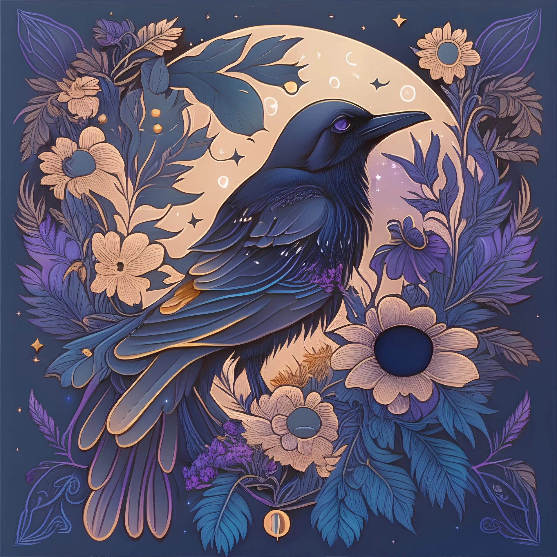 Best quality, masterpiece, ultra high res, detailed, illustration, design, flat vector style, high resolution, illustraTed, shadows and light, aesthetic, modern, ambient lighting, flat colors, vector illustration, raven, moon, leaves, stars, flowers, sailor jerry tattoo, old school tattoo