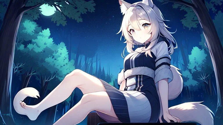 Girl, animal tail, animal ears, sit , night time, forest