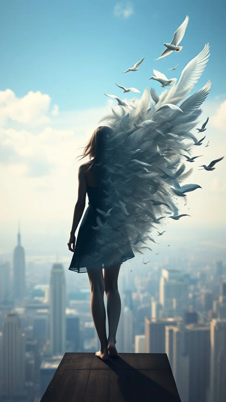 A symbolic, ethereal album cover. A woman is shown from behind, standing at the edge of a city rooftop or a cliff. Her human silhouette begins to dissolve and transform into a flock of birds or ethereal feathers at the edges, carried away by a strong wind. The city below is blurred, the sky ahead is vast. It's about release and becoming. Style: Digital painting, photo-manipulation, magical realism, soft and powerful.